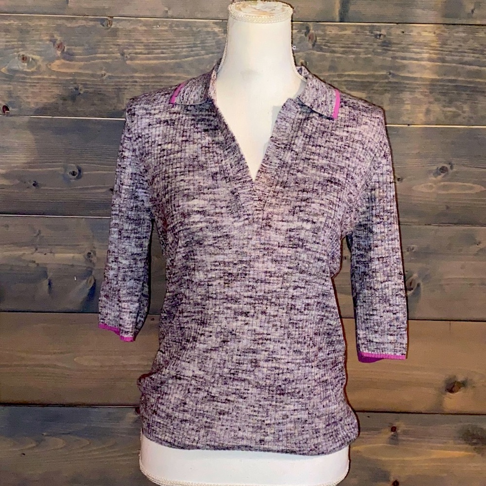kate spade Gray Heathered Knit Polo Top with Pink Trim